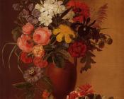 约翰劳伦茨延森 - Still Life with Flowers in an Earthenware Vase